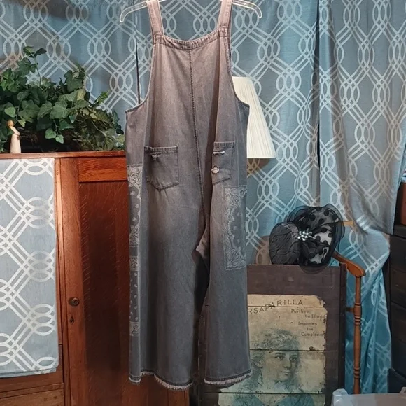 Gray Paisley Distressed Crop Denim Dungarees Bib Overall Jumper Oversized Lg - Picture 5 of 12
